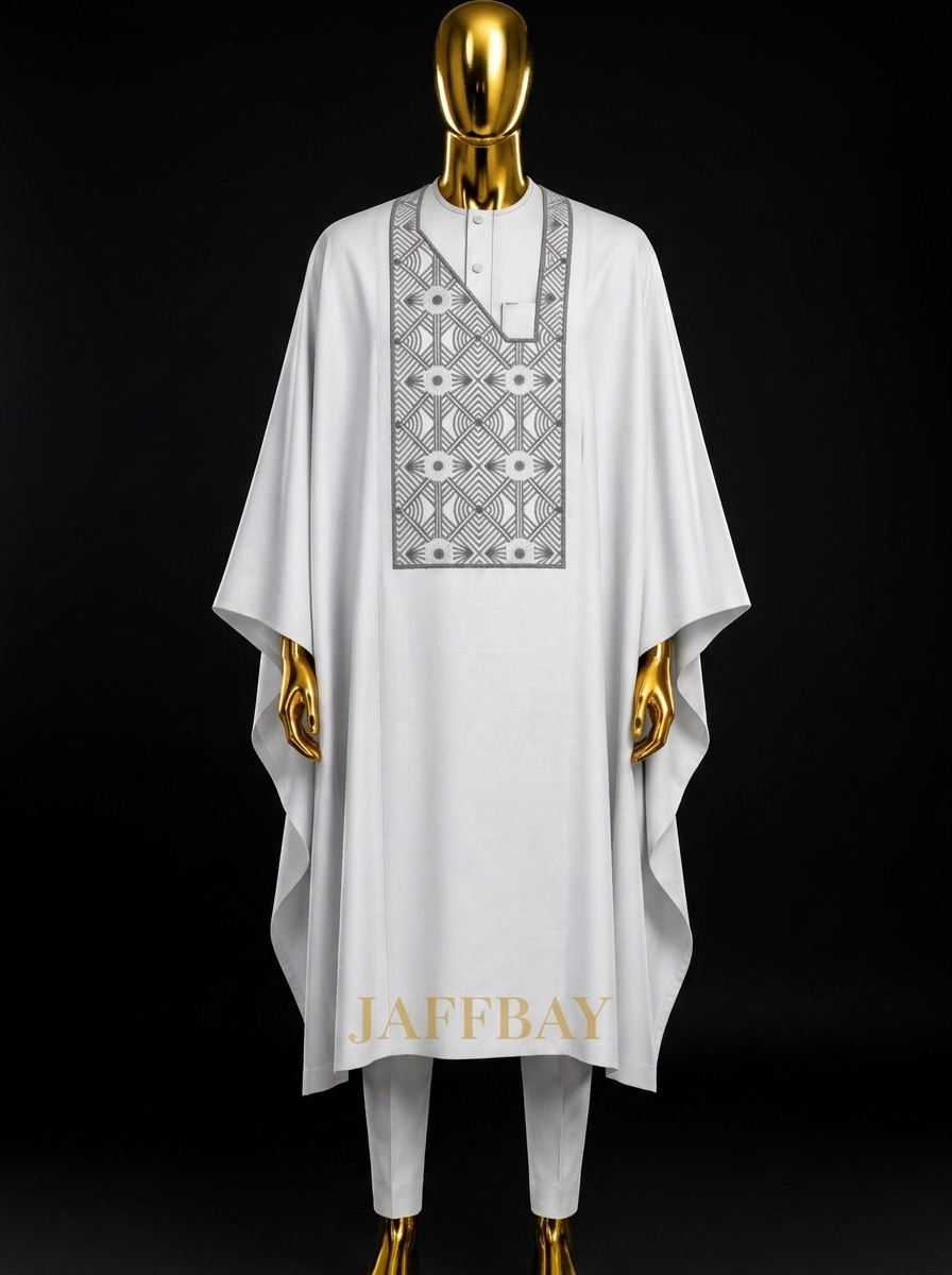 Pristine white tailored agbada set with geometric embroidery